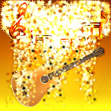Vector illustration of musical notes in a cloud of stars and guitar downstream.It can be used as the poster, advertisement or separately.のイラスト素材