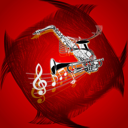 Vector illustration of musical background with saxophone and trumpet on red background with textures.のイラスト素材