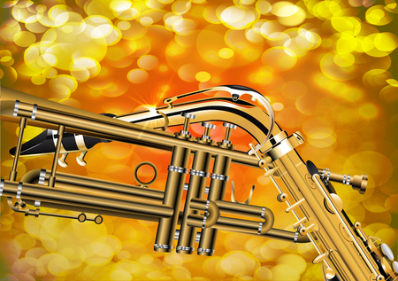 illustration of saxophone trumpet close up on shiny background with lightening.のイラスト素材