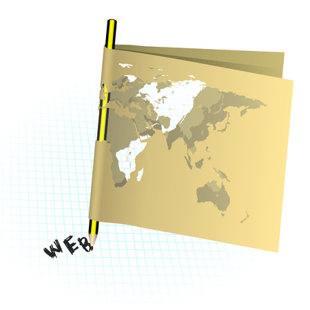 Vector illustration of a pencil and a paper map of the world on the notebook sheet in the box, the web is displayed. Isolated object.のイラスト素材