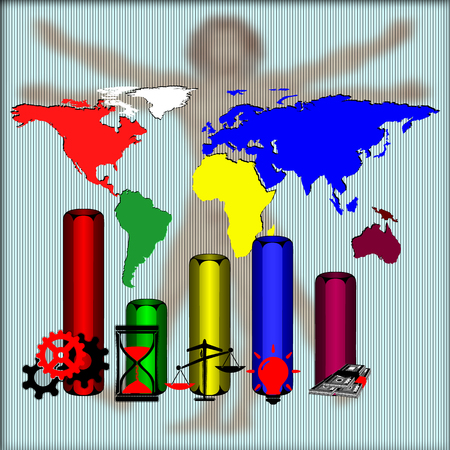 illustration infographics world map on the background blurred human and bars with the gear icon, an hourglass, Scales, and wads of money.のイラスト素材