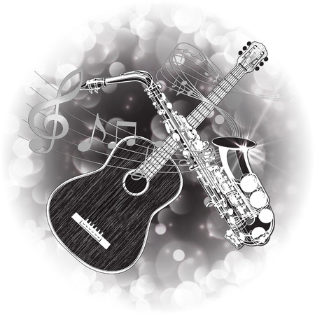 illustration of an acoustic guitar and saxophone in a monochrome version on the background of bright balloons.のイラスト素材