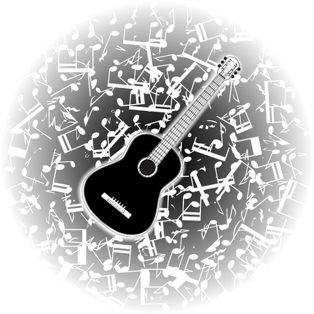 Vector illustration of an acoustic guitar on the background of musical notes in monochrome.のイラスト素材