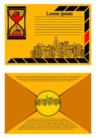 Vector illustration Infographic brochure in an envelope with the urban landscape and an hourglass icon, gear, money. two sides of the envelope with the stamp presents.のイラスト素材