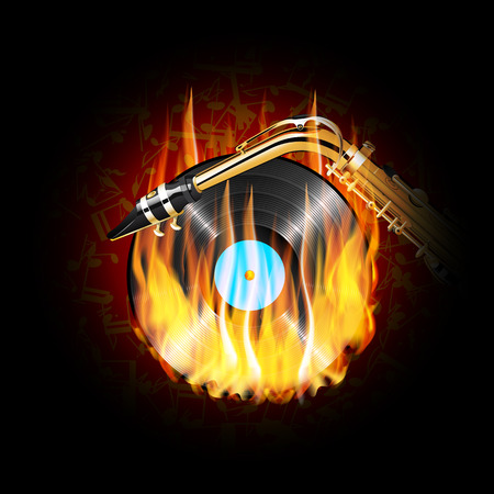 vector illustration of a vinyl record on fire and saxophone on a background of musical notes on a dark background can be applied to any image with black or used separately.のイラスト素材