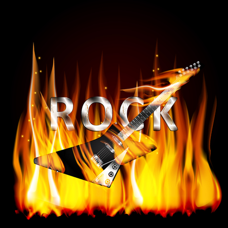 Vector illustration of a metal inscription letters rock in a flame with a fatal electric guitar on fire in the foreground.のイラスト素材