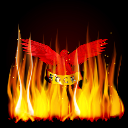 Vector illustration of a red eagle on fire with a scroll in its claws and an inscription rock metal. You can use a black background.のイラスト素材