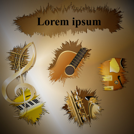 Vector illustration of musical background with gold breaks with guitar, saxophone, trumpet, piano. There is a place for text or image.のイラスト素材