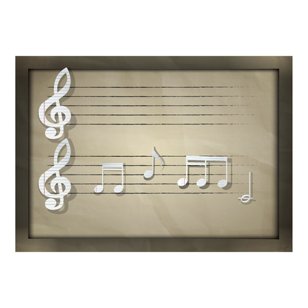 illustration of a music sheet paper music notes. Old paper background with shadow and there is a place for text or image.のイラスト素材