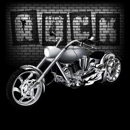 illustration of motorbike on the background of a brick wall with the word rock. Image in black and white, perfectly aligned with any image on a black background, there is a place for text or image.のイラスト素材