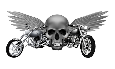 illustration of monochrome road motorcycles on a background of a skull with wings. Isolated object can be used with any textのイラスト素材