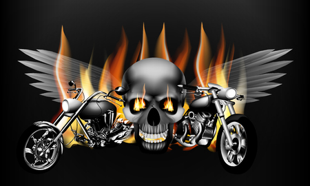 illustration of monochrome fiery motorcycle on the background of a skull with wings. Isolated object can be used with any text or image.のイラスト素材