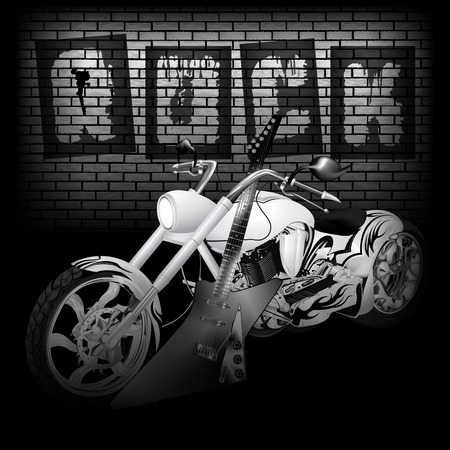 Vector illustration of motorbike and electric guitar on the background of a brick wall with the word rock. Image in black and white, perfectly aligned with any image on a black background, there is a place for text or image.のイラスト素材