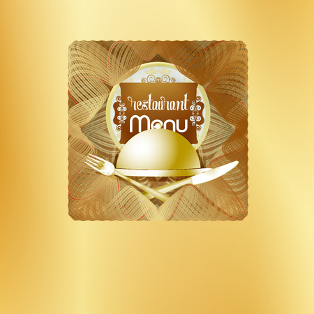 Vector illustration of Golden pattern restaurant menu cover with a dish to eat with a knife and fork. Picture realistic and three-dimensional, there is a place for text or your images.のイラスト素材
