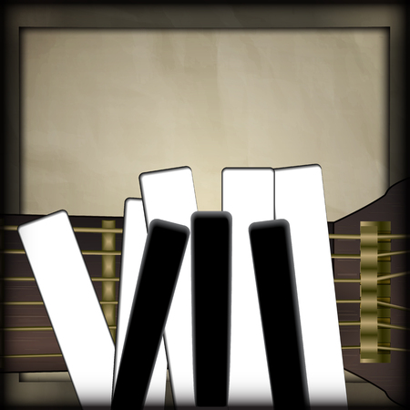 Vector illustration of musical background neck of the guitar and the piano keys as fingers on a background old paper. There is room to place text or an image.のイラスト素材