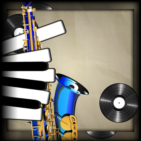 Vector illustration of musical background neck of the blue saxophone and the piano keys as fingers on a background old paper vinyl records. There is room to place text or an image.のイラスト素材