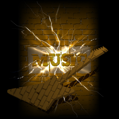 illustration background music label music and guitar in a crack of a brick wall with flares and sparks.のイラスト素材