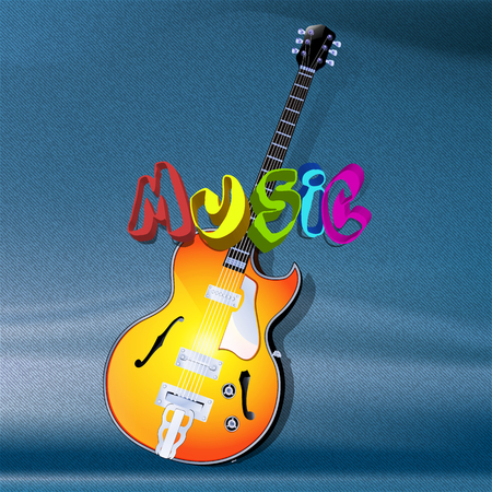 illustration of a music label in different colors and jazz guitar on denim background.のイラスト素材