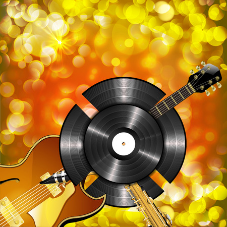 illustration of a jazz guitar and saxophone vinyl record against a bright background with glitter and flash.のイラスト素材