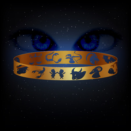 Vector ring with signs of the zodiac in space against the background of the eyes watching. Eyes are drawn initially brushes and elements without automatic routing. You can use any text or picture it on a black background.のイラスト素材