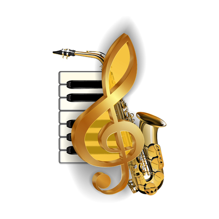 Vector illustration of a treble clef in the background saxophone and piano keys. Isolated objects can be used with any image or text.のイラスト素材