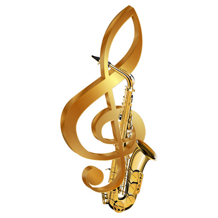 Vector illustration of a saxophone in a gold treble clef. Isolated objects on a white background, can be used with any text or image.のイラスト素材