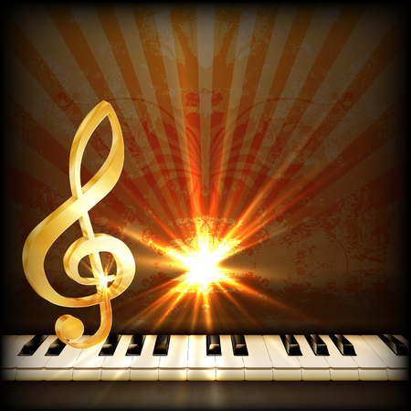 Vector illustration of a bright musical background with a treble clef and piano keys. You can use any text or image on a black background.のイラスト素材