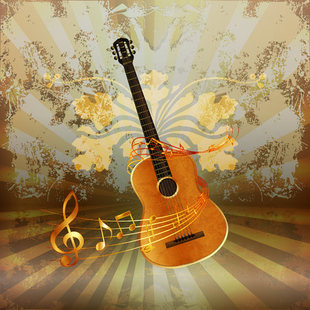 Vector illustration of music background realistic acoustic guitar woven by musical notes.のイラスト素材