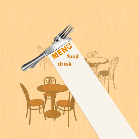 Vector illustration pattern for the fabric cover menu painted restaurant table with fork and knife on a ribbon with the inscription.のイラスト素材