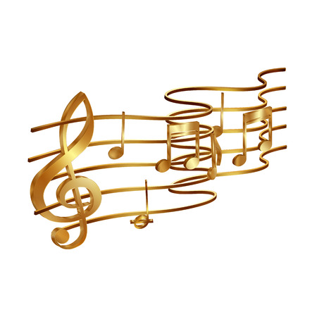 Vector illustration of gold musical notes volume and treble clef on the stave. Isolated objects on a white background, can be used with any image or text.のイラスト素材