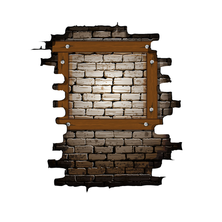 Vector illustration of an opening in the old brick wall frame with wooden boards. Isolated object on a white background, can be used with any image or text.のイラスト素材