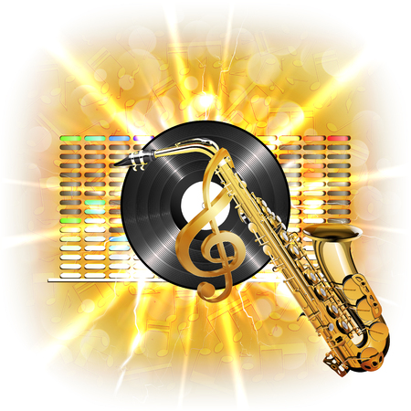 Musical background flash, treble clef, vinyl sax in the background clarified equalizer. Made without borders with whitened, can be used with any text or image on a white background.のイラスト素材