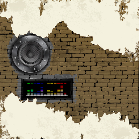 Music background acoustic speaker and equalizer in the old brick wall with plaster and cracks.のイラスト素材