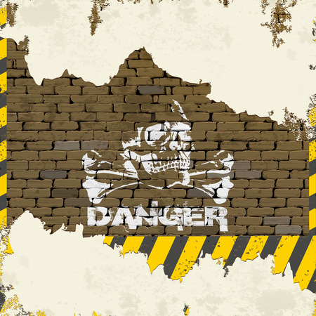 Danger sign on a brick wall with a skull and bones crumbling plaster.のイラスト素材