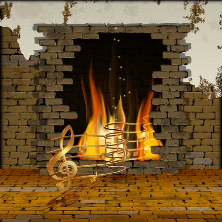 background old brick wall with a fireplace with gold musical notes out of the fire. You can use text or image.のイラスト素材
