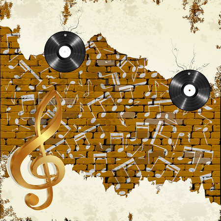 Old brick wall with vinyl records notes and treble clef.のイラスト素材