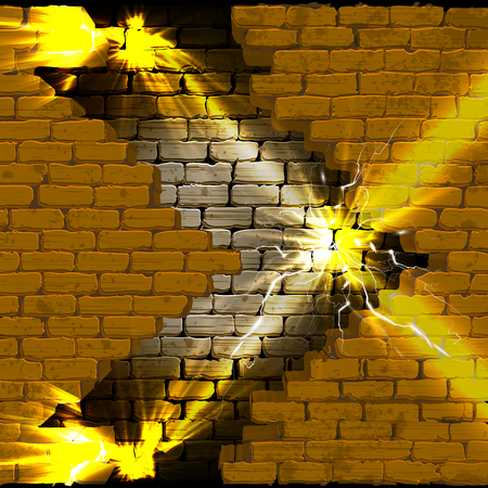 Old brick wall with a break and with a bright flash of lightning.のイラスト素材