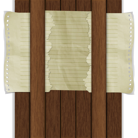 Background frame wooden board with sheets of old torn and crumpled paper. Isolated object on white, can be used with any image and text.のイラスト素材
