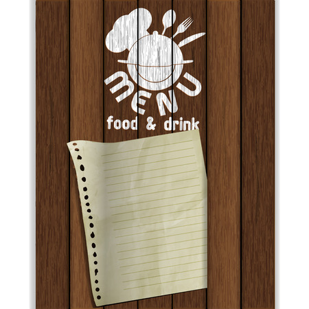 Background Frame restaurant menu template food and drink white paint on wooden boards with old sheet of crumpled paper. Isolated object on white, can be used with any image and text.のイラスト素材