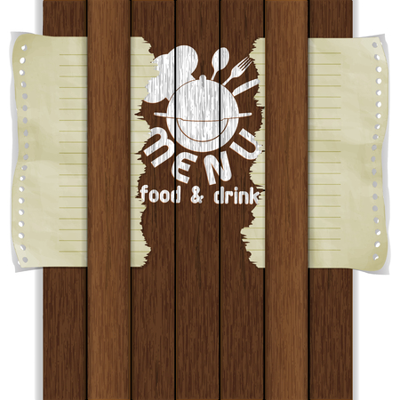 Background Frame restaurant menu template food and drink white paint on wooden boards with old sheet of paper crumpled and torn. Isolated object on white, can be used with any image and text.のイラスト素材