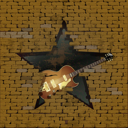jazz guitar electric guitar in the gap in the form of a star of the old brick wall.のイラスト素材