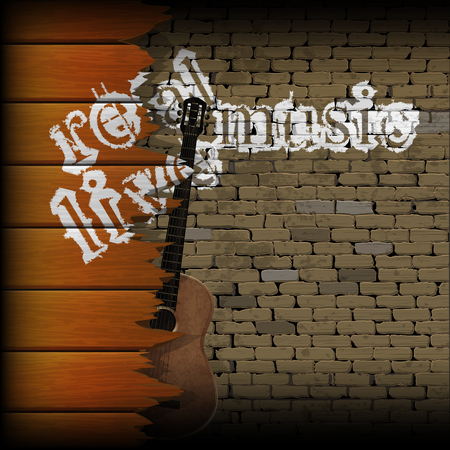 Acoustic guitar live music a real brick background with broken boards. Blank music background with space for text or image.のイラスト素材