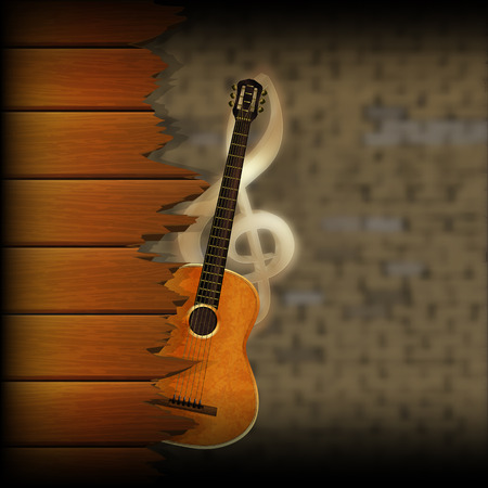 musical wooden planks with a guitar on a blurred background of an old brick wall and a treble clef.のイラスト素材
