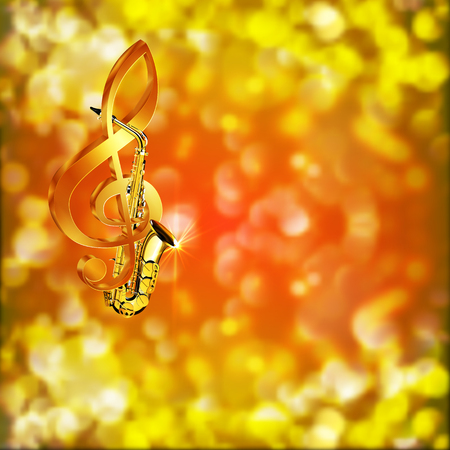 music saxophone unusual font and treble clef on blurred background with bright highlights.のイラスト素材