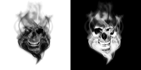 Realistic human skull in the smoke. Isolated object on white and black background, can be used with any image or text.のイラスト素材