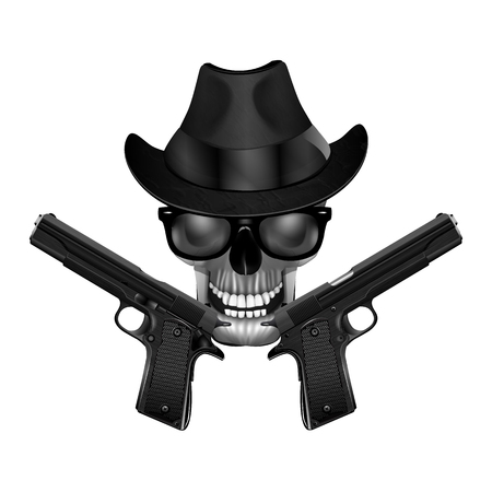 Skull in a hat, sunglasses and pistols. Isolated object in black and white, can be used with any image or text.のイラスト素材