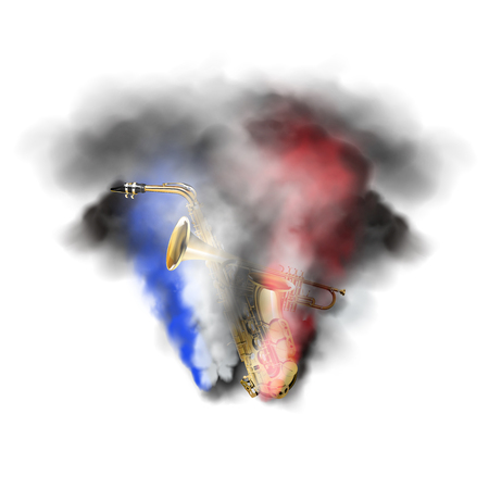The musical element of jazz saxophone and trumpet in smoke. Isolated object on a white background, can be used with any image or text.のイラスト素材