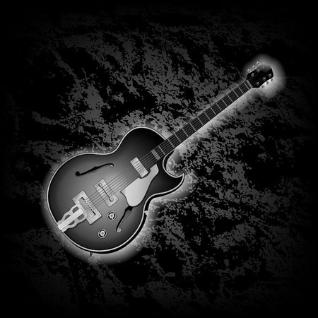 Classical jazz guitar musical instrument on dark textural background. Black background can be used with any image or text.のイラスト素材