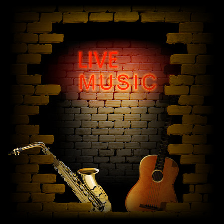 live music neon light of brick wall saxophone and guitarのイラスト素材