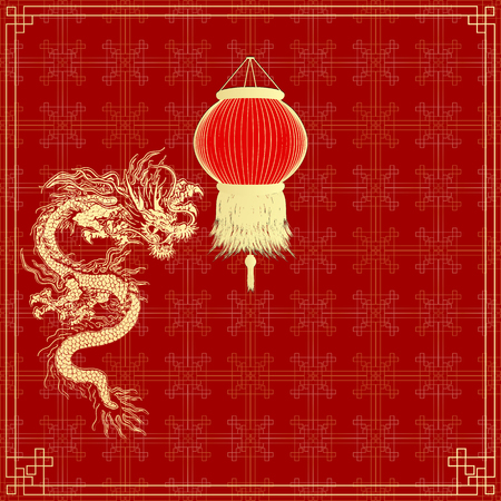 Vector illustration of a traditional Chinese dragon with golden Chinese lanterns on a red background. Gold asian ornament.のイラスト素材